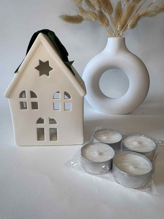 Winter Glow House - Κεραμικό Φωτιζόμενο Σπιτάκι με 4 Φυτικά Ρεσώ Σόγιας
